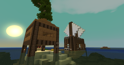 Die Insel mit Schiff, Haus, Tagebuch, Gedenkbaum und Garten.